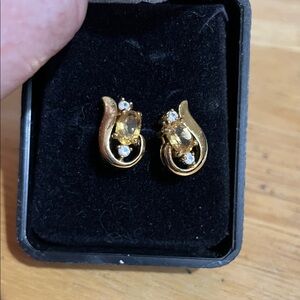 Vintage 10K Gold Citrine & Diamond Swirl Stud Earrings